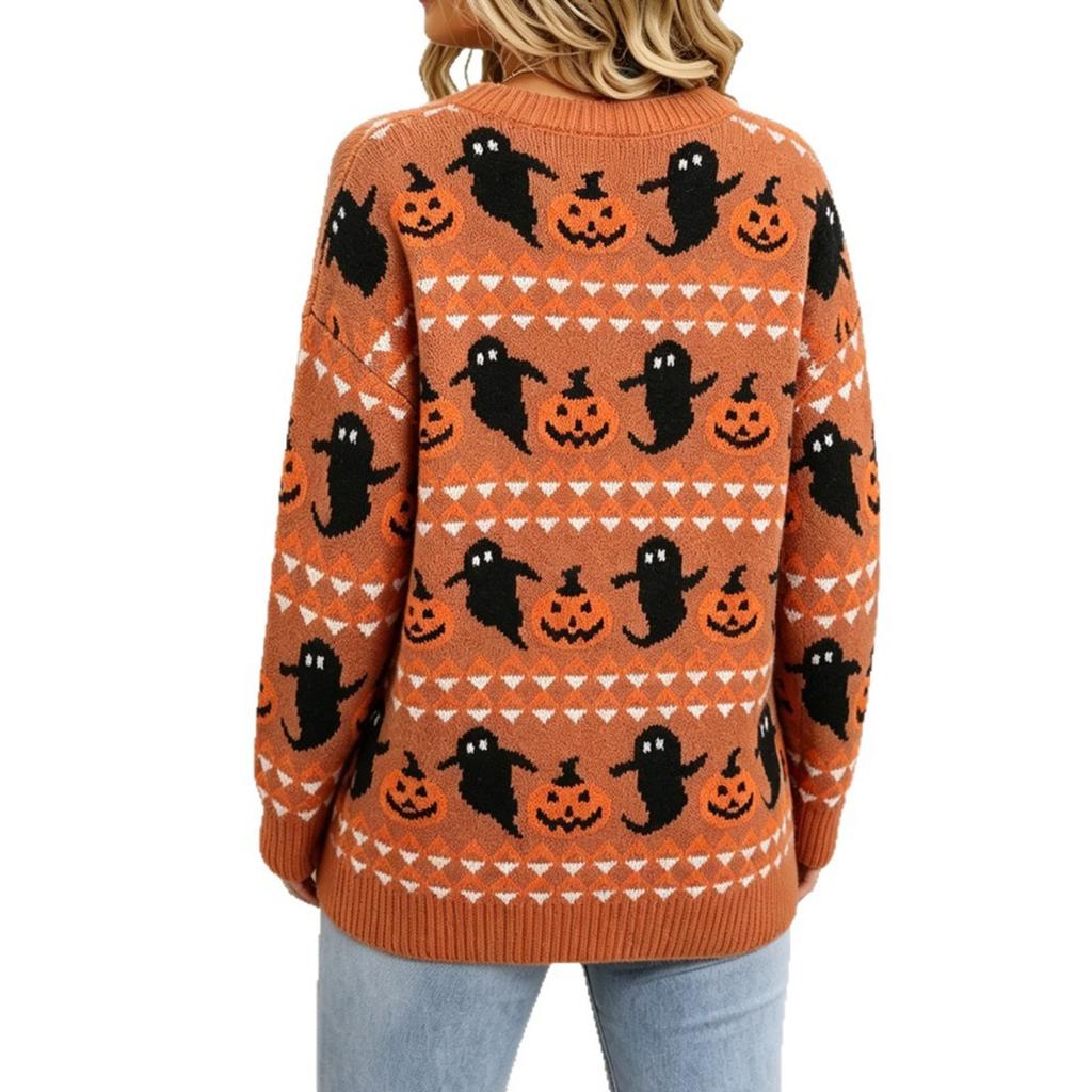 Women's Halloween Pumpkin Neck Pullover Sweater