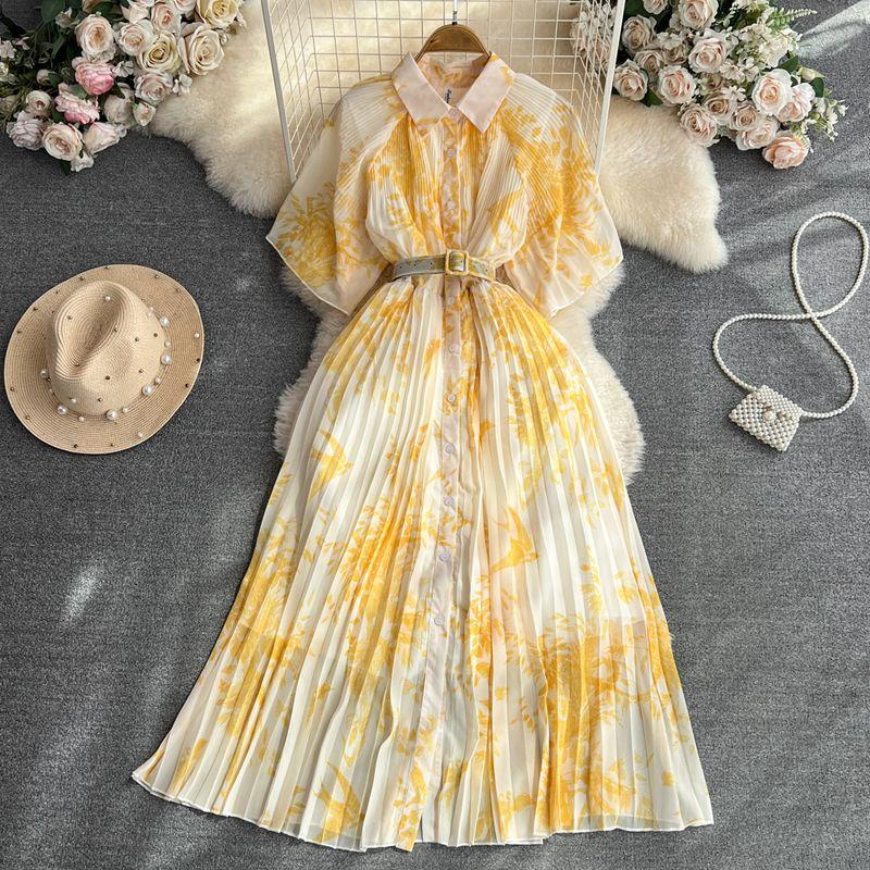 

Винтажное однобортное платье А-силуэта с плиссировкой и короткими рукавами Yellow All yards