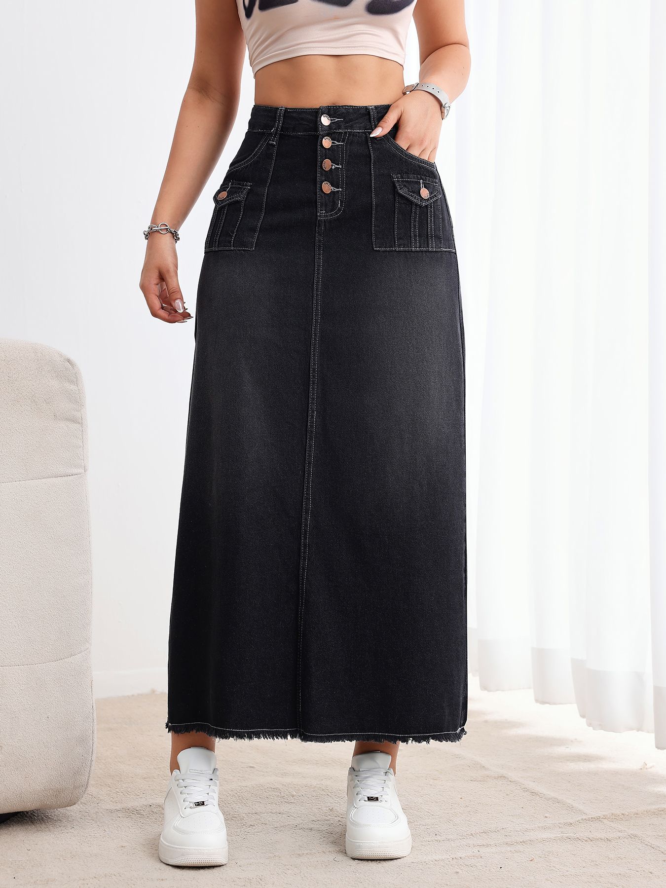 

Puffanpop Women s Flared Denim Maxi Skirt with Front Buttons Raw Hem High Waist A-Line Long Jean Skirt Multiple Pockets Plus Size 2XL чорний