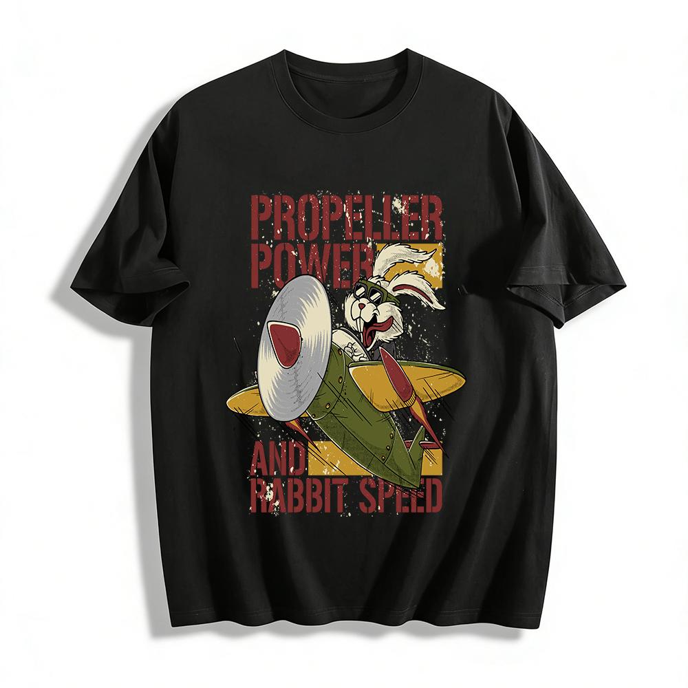 

Vintage Propeller Plane Rabbit Print T-shirt Unisex Fun Flight Theme Casual Tee Pure cotton T-shirt XXS