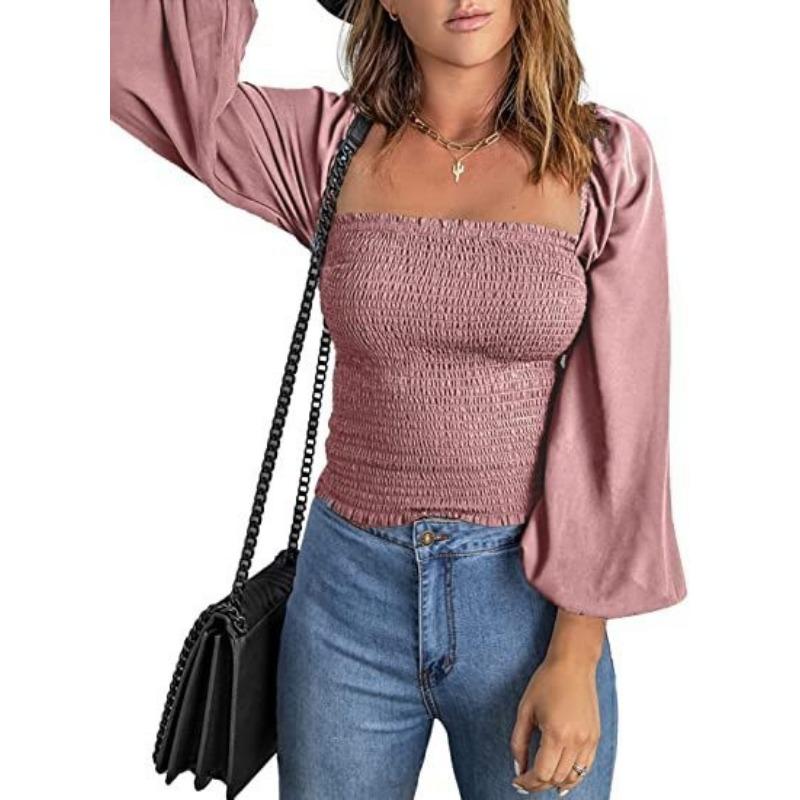 YYFS Women s Fashion Casual Solid Color Print Spring Autumn Long Sleeve Square Collar Blouses & Shirts S розовый