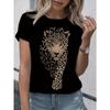 Europeisk Storlek Dam Mjuk Andningsbar Kortärmad T-shirt - Svart Tvättad Leopardmönster Rund Hals Topp, Casual Lös Passform Blus för Vardagskläder