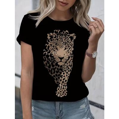 Europeisk Storlek Dam Mjuk Andningsbar Kortärmad T-shirt - Svart Tvättad Leopardmönster Rund Hals Topp, Casual Lös Passform Blus för Vardagskläder