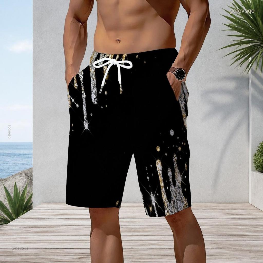 Men Plus Size Green Black Printed Beach Shorts Drawstring Waist Side Pockets Straight Leg