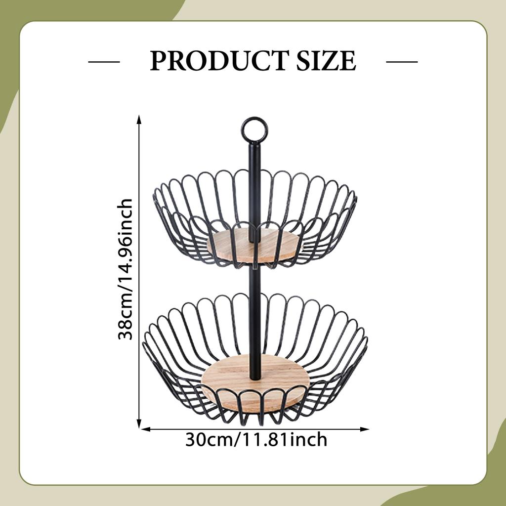 2 Tier Fruit Basket Storage Stand Candy Wooden Base Iron Wire Vegetable Bowl Food Serving Parties Candy Tiered Storage Stand