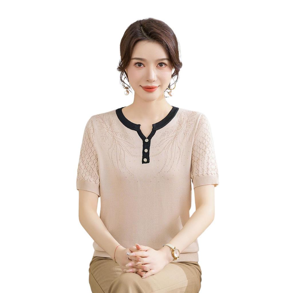 Summer 2026 Ice Silk Knit T-Shirt: Short-Sleeve, Loose Fit for Middle-Aged & Elderly Women