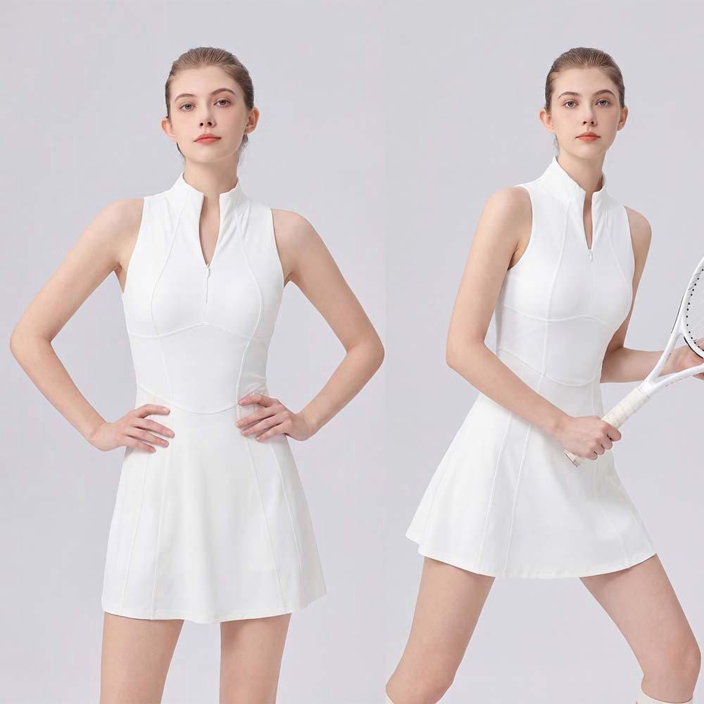Athletic Sleeveless Tennis Dress Set with Small Stand Collar and Zipper, Quick-Dry Elastic Sports Dress Featuring Anti-Exposure Design and Bra Pads