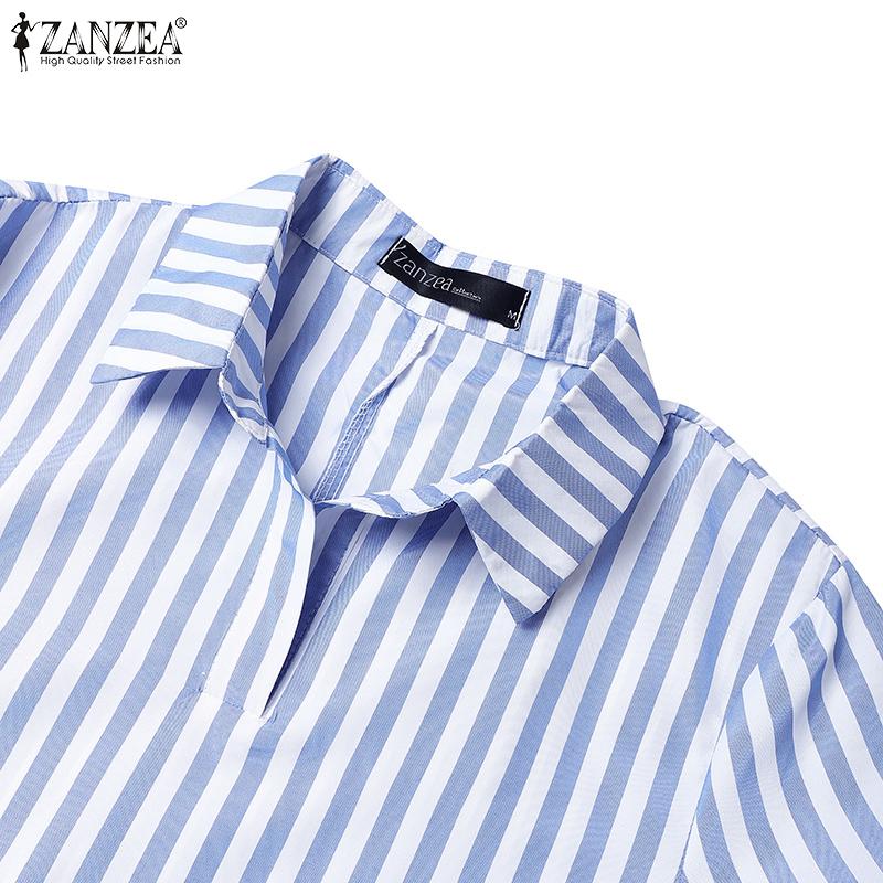 ZANZEA Women Casual Turn Down Collar Loose Short Sleeve Stripe Shirt Dress