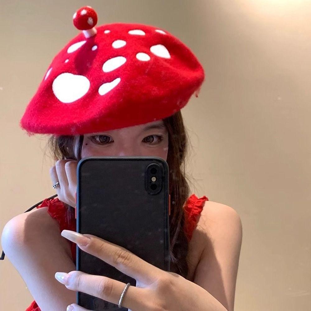 Woolen Mushroom Wool Beret Red Polka Dot Cute Painter Hat Retro Octagonal Hat Outdoor