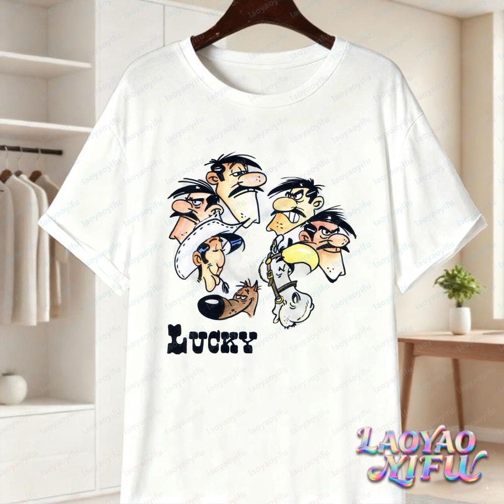 Lucky Luke Vollbesetzung Druck Lässige Oberteile Verspieltes West-Cartoon Baumwoll-T-Shirt Lustiges Vintage Klassisches Anime-Shirt Trend Unisex Kleidung