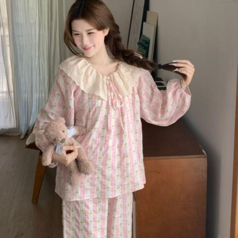 

Women s Cloud Cotton Pajamas Set - Sweet Big Lapel Lace Trim, Round Neck for Spring & Autumn M-L