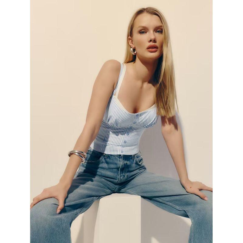 Refor * Li Huili Same Style French Style Retro Striped Fake Two Pieces Double Shoulder Strap Small Sling Slim Fit Slimming Top