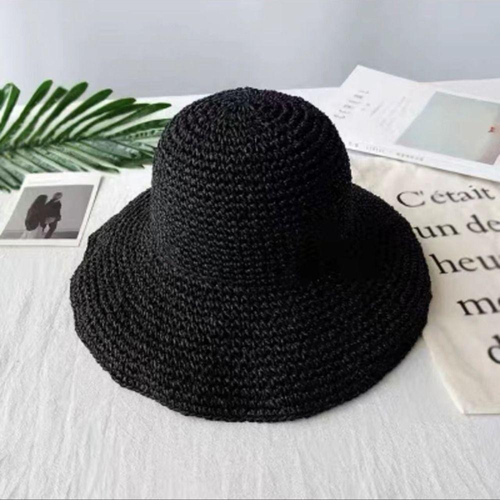 Korean Style Beach Sun Hat Solid Color Summer Bucket Hat Fashion Crochet Straw Hat  Fishing