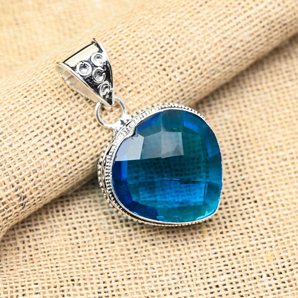 Blue Topaz Natural Gemstone Jewelry Vintage Pendent 925 Solid Sterling Silver For Wedding Gift