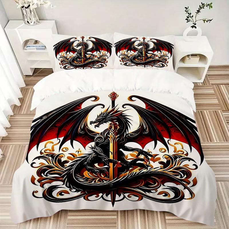 3pcs Black Dragon with Sword Print Cover Set Ultra Soft, Breathable, and Comfortable Bedding with Stylish Design for Bedroom and Guest Room Decor
