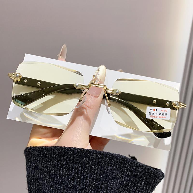 

New Fashionable Frameless Square Reading Glasses with Cut Edges Anti Blue Light Night Vision Glasses Stylish Women Eyewear +100 зелений