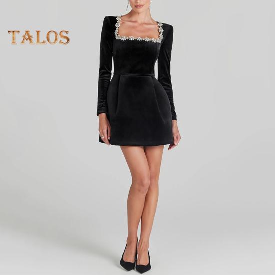 Women Dress Rhinestone Flower Square Neck Long Sleeves A-line Solid Color Mini Dress Above Knee Length Fall Spring Dress for Dating Party