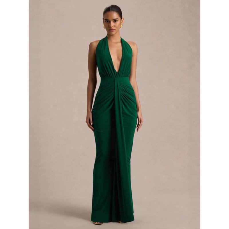 Women s Sexy Temperament V-neck Halter Neck Strap Slim Design Pleated Niche Dress Wholesale S зелёный