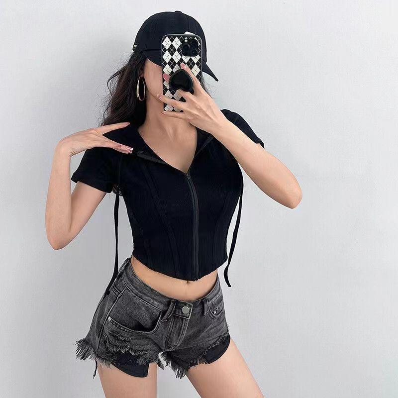 French Spice Girl Short Hooded Short Sleeve T-Shirt Women's Cardigan Summer Thin Slim Skinny Niche Women's Top