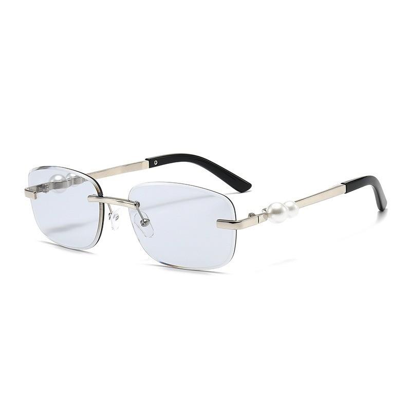 

Unisex Square Metal Frame Sunglasses With Pearl Embellishments For Fashion And Uv Protection Silver Light Gray