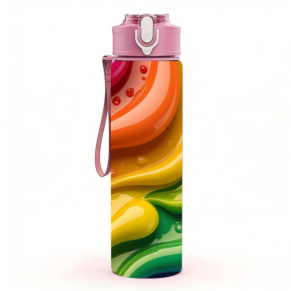 1PC Rainbow Swirl Marble Texture Print 750ml Color Plastic Sports Water Bottle Leakproof Flip Straw Lid Suitable for Sports Office Home Use