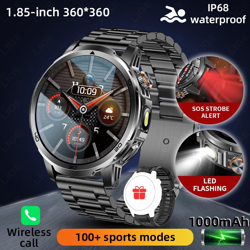1000mAh Super Capacity Battery Adult Men Smart Watch Flashlight SOS Distress Light 1.85" HD Bluetooth Call Sport Smartwatch