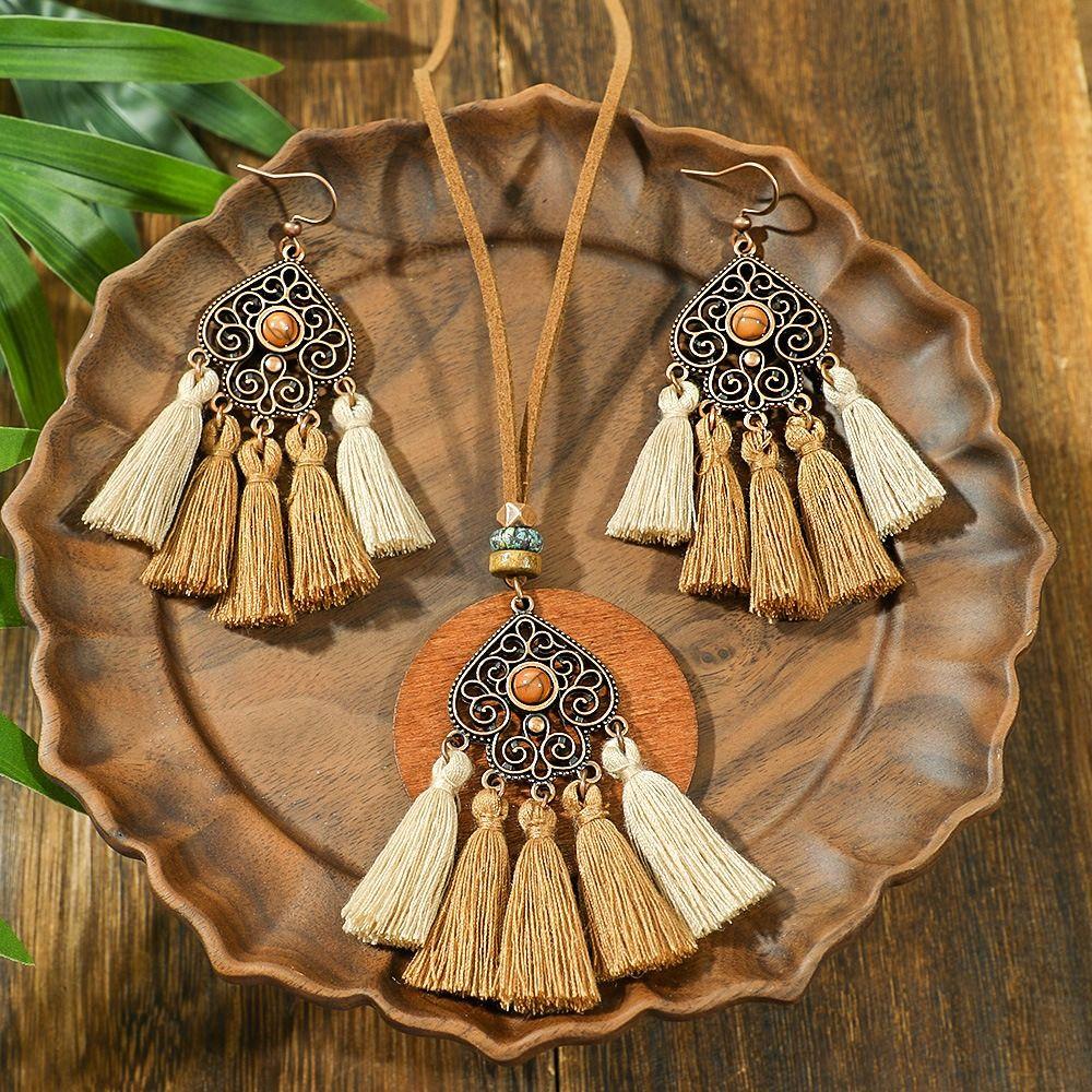 Wood Geometric Jewelry Set Vintage Distressed Finish Sweater Chain Women Pendant  Daily Outfit