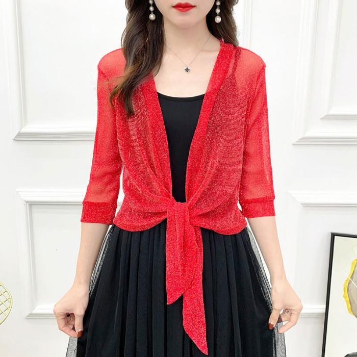 Summer Girls Lace Mesh Short Cardigan With Tie Closure For Casual Wear