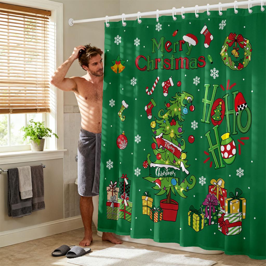 1pc Merry Christmas Green Printed Waterproof Shower Curtain with 12 Hooks, Available In Multiple Sizes and Machine Washable