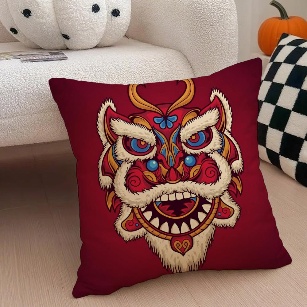 Festive Traditional Dancing Lion Anime Lucky Cushion Cover Linen Pillow Case Soft Breathable Protective Couch Room Decoration