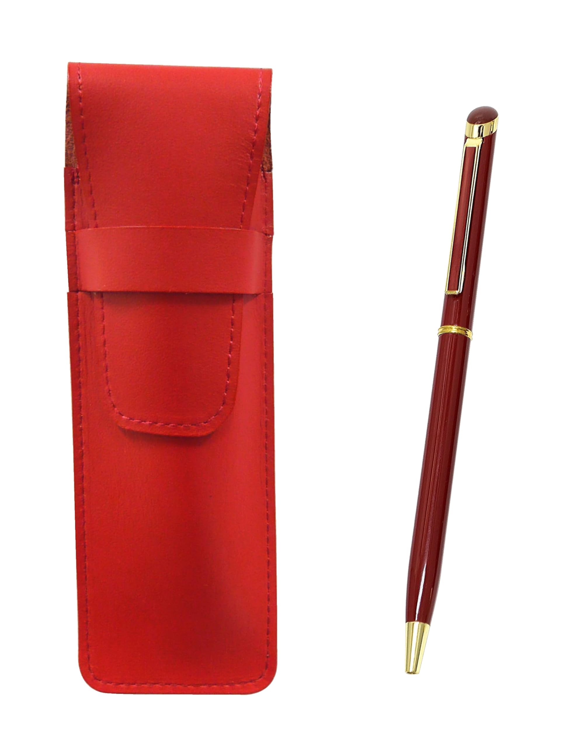 

Slim cowhide pencil case red epoxy rotating ballpoint pen set red T23-ASR-WD002-R