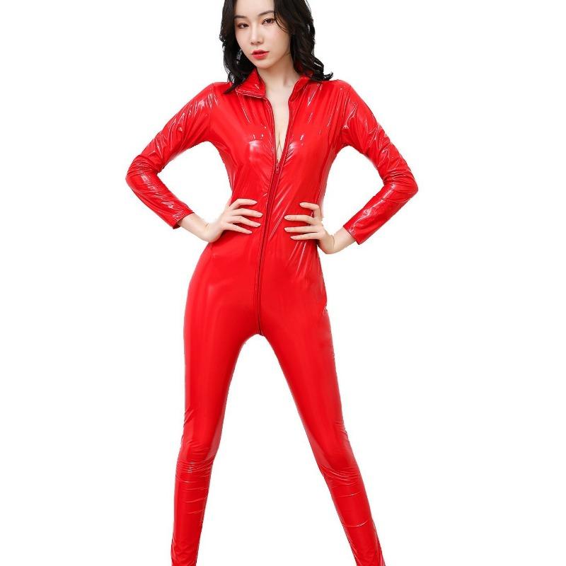 Sex underwear Sexy mirror bright patent leather uniform Temptation tight one-piece leather jacket Folio double zipper performance suit