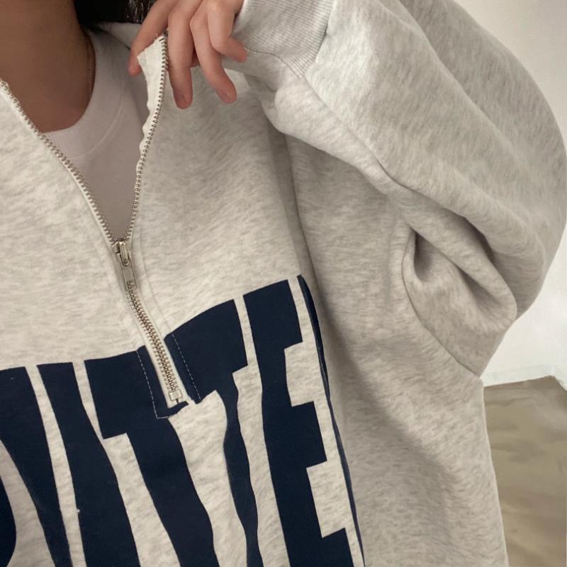 Koreanische Chic Y2k Lose Zip Up Pullover Frauen Herbst Dicken Stil Casual Brief Drucken Kleidung Neue Harajuku High Street Solide tops