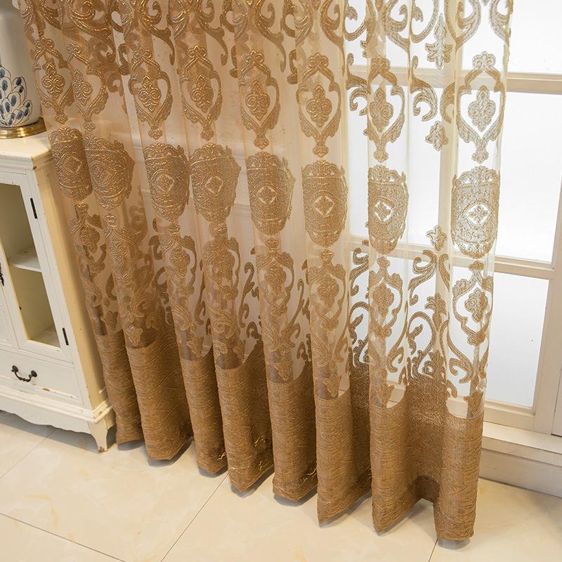1PC Velvet Cut Embroidered Court Sheer Curtain Vintage Pattern Living Room Bedroom Gold Romantic Lace Sheer Curtain, Flower Lace Window Curtains