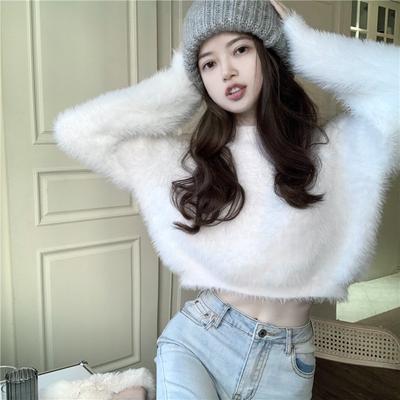 2805 #Niche Imitation Mink Velvet Soft Glutinous Sweater Women's Autumn and Winter Gentle Wind Short Long-sleeved Knitted Sweater Tide