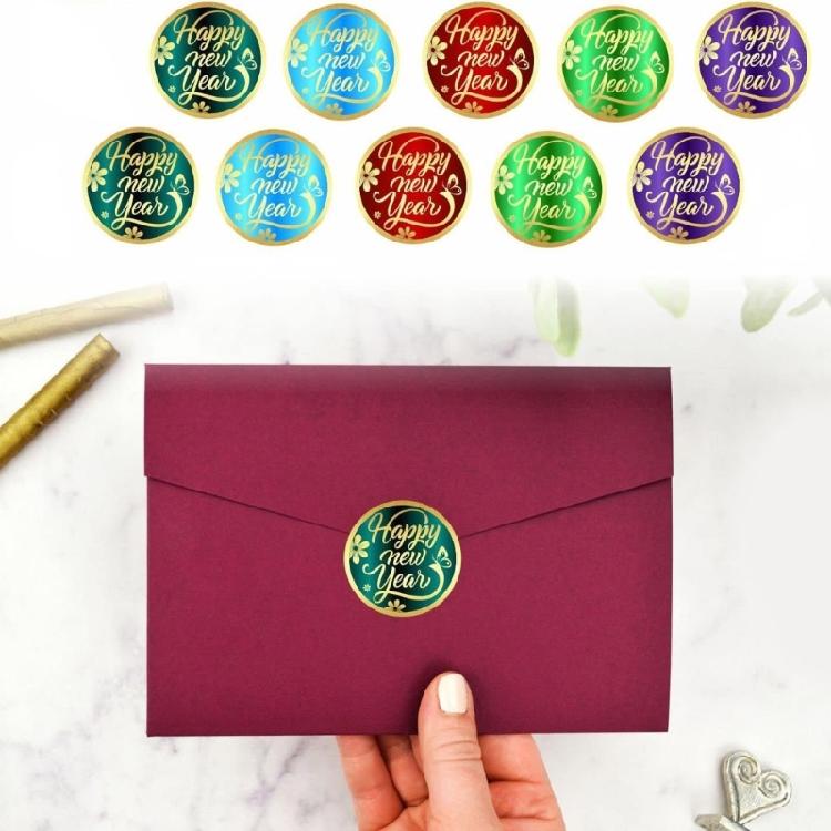 Round Labels Sticker Happy New Year Sticker Round Gold Foil Stamping Labels Self-Adhesive Sticker Labels