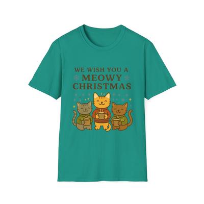 Unisex Softstyle T-Shirt Meowy Christmas Funny Cat Mug Cozy Holiday Sweater Tee