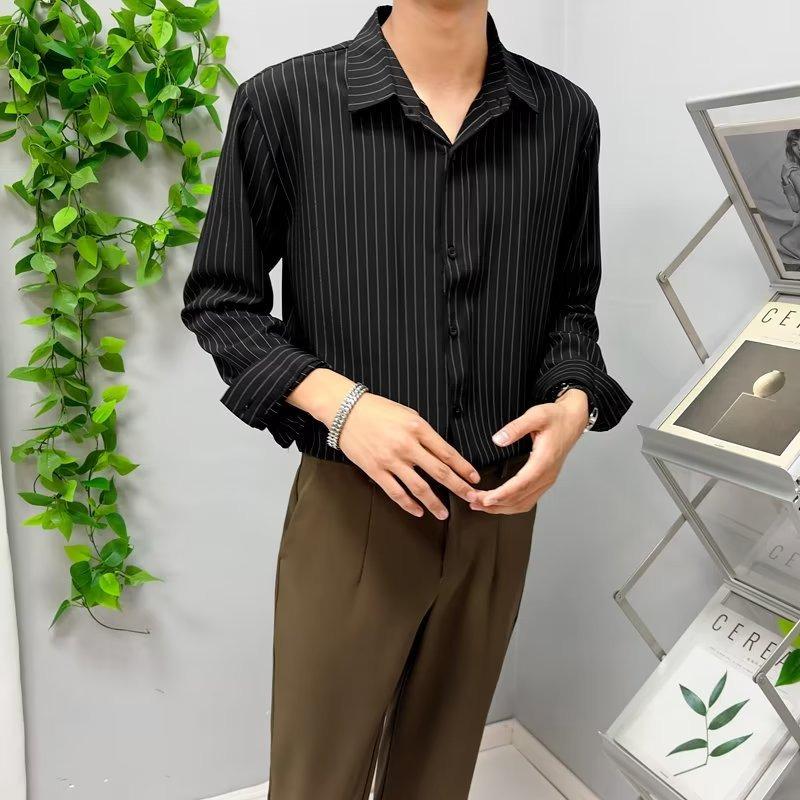 

Мужская облегающая черная полосатая рубашка в деловом стиле с длинным рукавом, не требующая глажки, на весну и осень 4XL