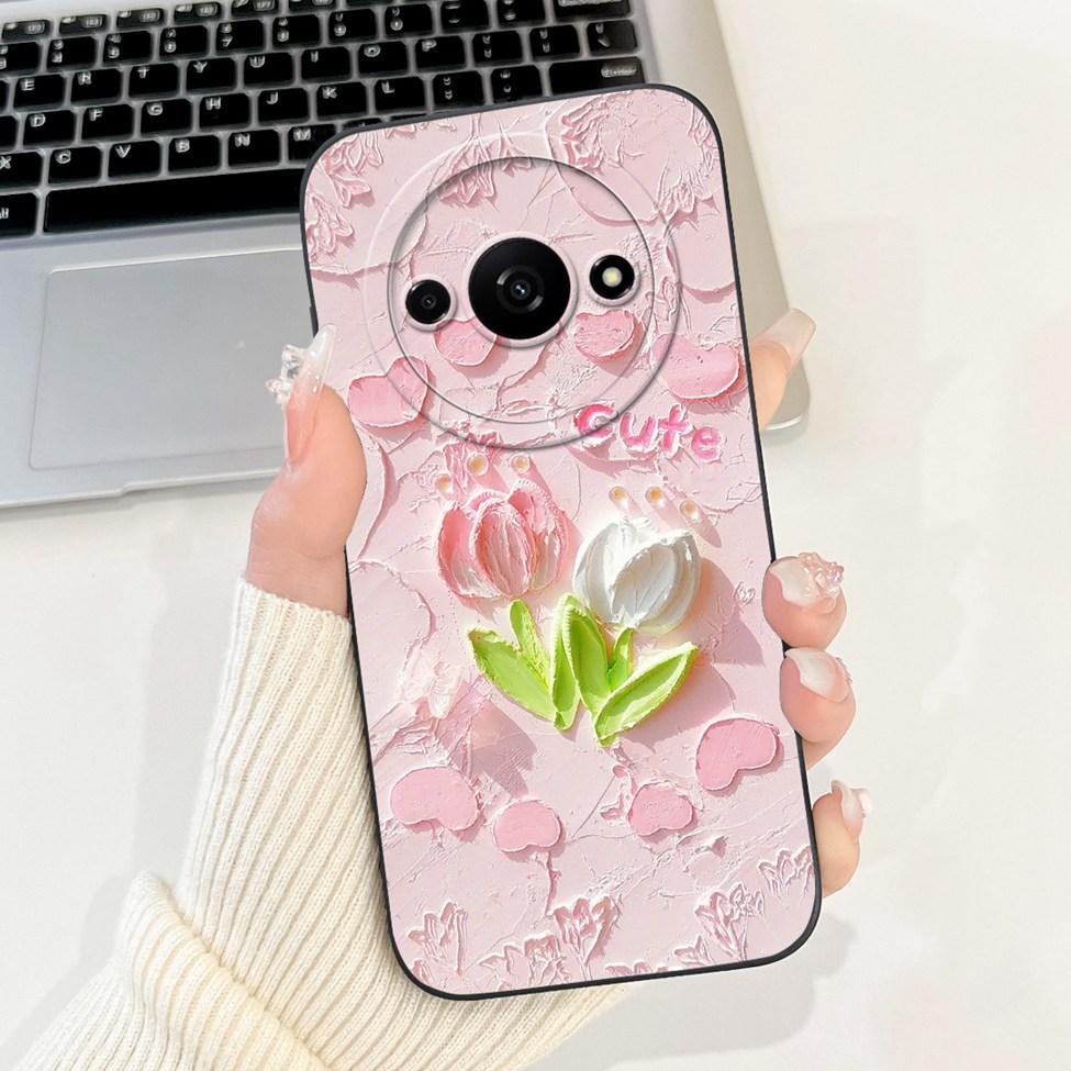 Für Redmi A3 Hülle Niedliche Cartoon Katze Ästhetisch Blumenmädchen Junge Stoßfeste Silikon-Rückabdeckung Für Xiaomi Redmi A3 Handyhülle Coque