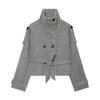 Womens Commute Style Stand Collar Double Breasted Short Coat Solid Color Loose Fit Long Sleeve Outerwear