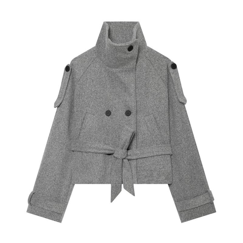 Womens Commute Style Stand Collar Double Breasted Short Coat Solid Color Loose Fit Long Sleeve Outerwear