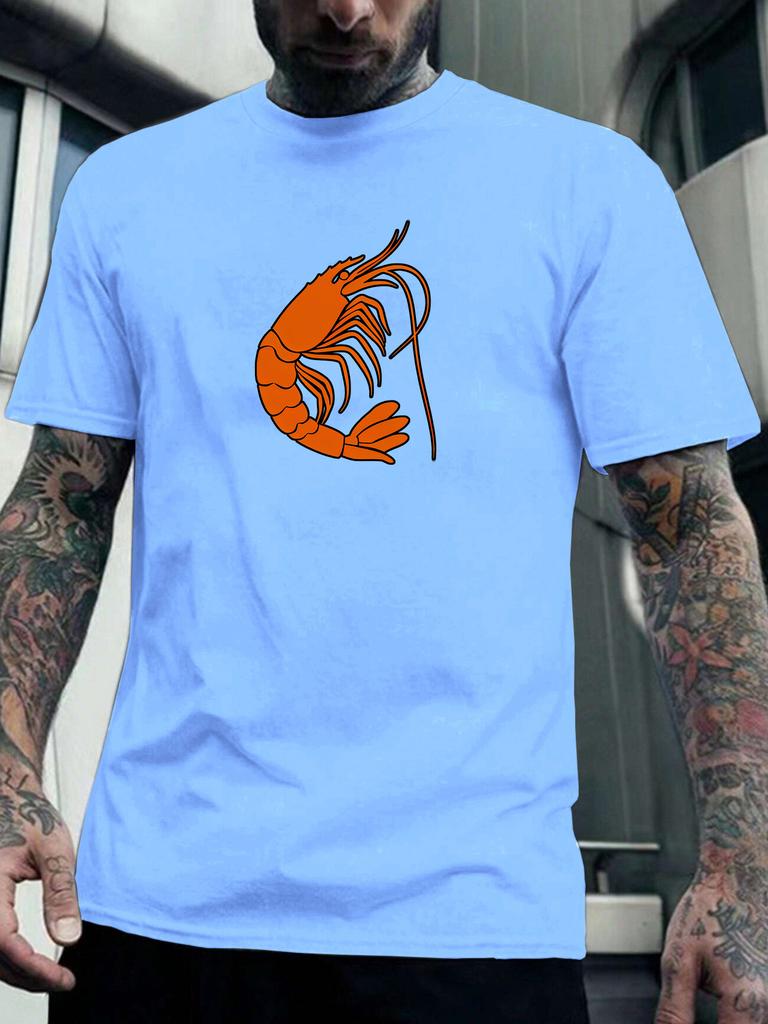 Unisex Summer White Short Sleeve Tee Minimalist Orange Shrimp Graphic Print Crew Neck Loose Casual Streetwear Male Fashion Tops