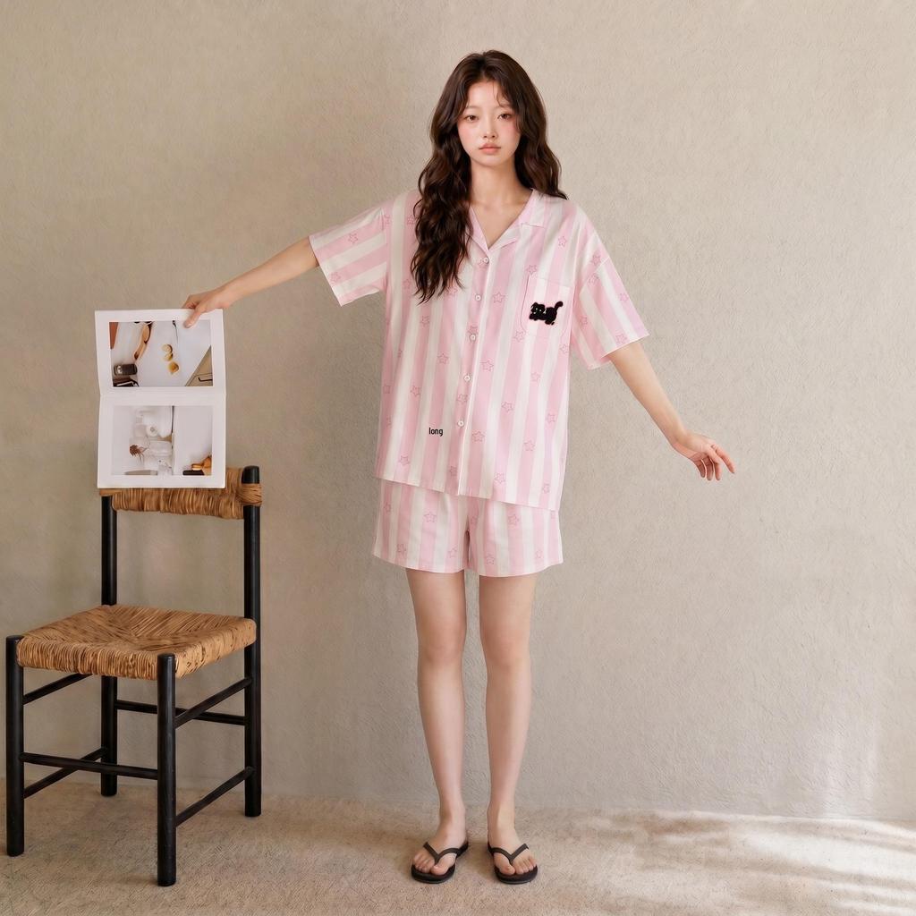Energetic Pink & White Striped Women's Summer Pajamas - Antibacterial Pure Cotton, Short Sleeve With Shorts & Zipper.