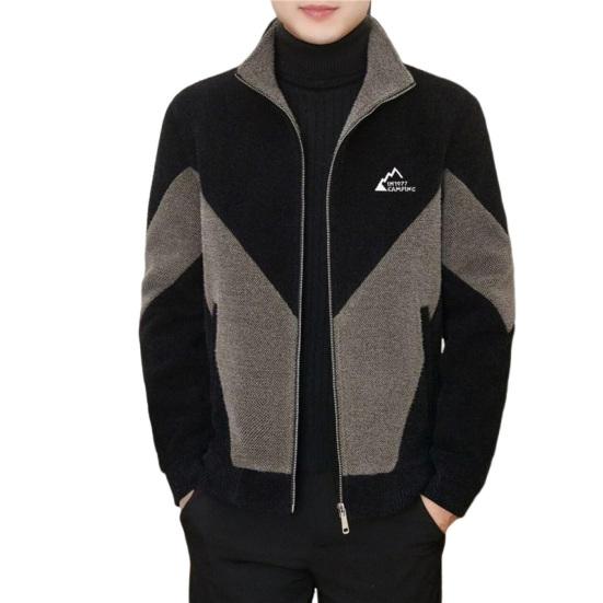

Men Full Zipper Casual Jacket Color Matching Stand Collar Long Sleeve Knitting Coat M черный серый