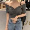 Women's Top Ruched V Neck Solid Short Sleeve Knitted Slim Crop Tops T-Shirt