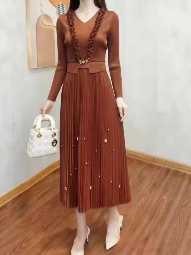 Miyake Light Luxe Plus Size Beaded Ruffle Dress - Elegant European & American Style, Slimming & Flattering Long Dress