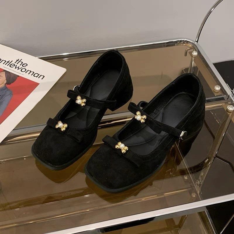 

Туфли Мэри Джейн на грубом каблуке женские 2025 новые юбки французские красивые банты одинарные туфли 40 чёрный