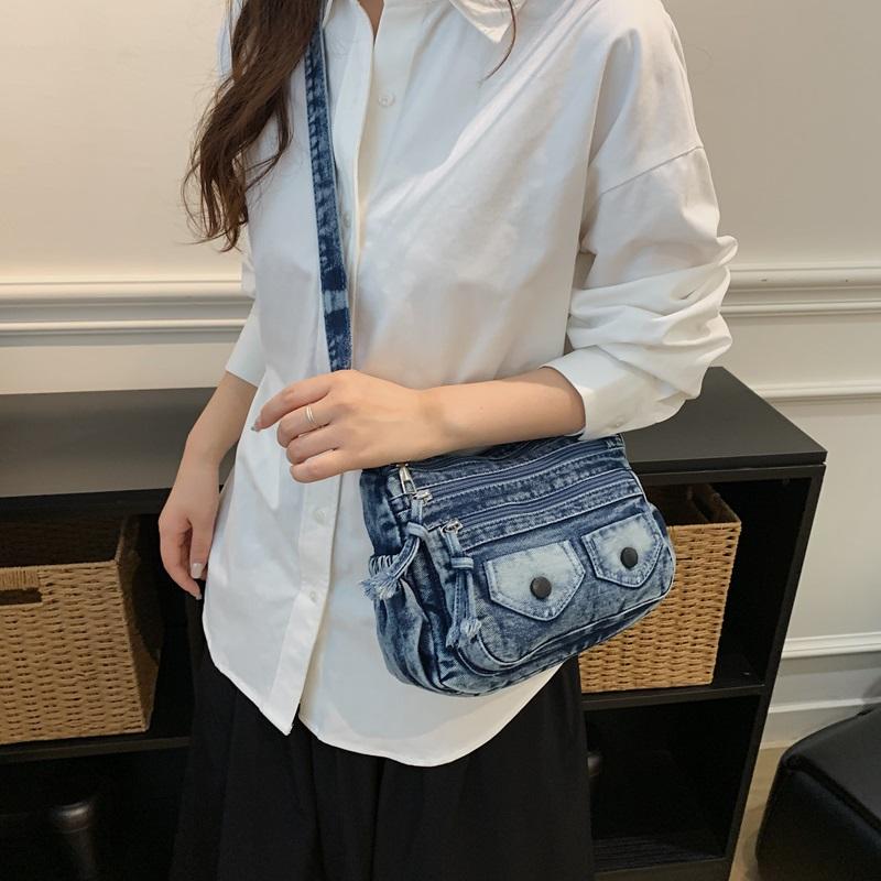 Washed Denim Crossbody Bag with Dual Flap Front Pockets Casual Shoulder Purse for Women Daily Travel