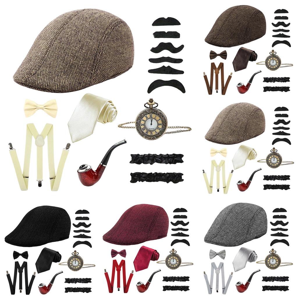 Ensemble de costume de fête rétro britannique pour homme avec haut-de-forme, pipe, montre de poche, barbe, cravate, gilet et nœud papillon