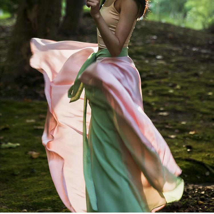 Saia Longa com Cadarço Reversível King Kong Dança Poesia Qingshan Rosa - Traje de Dança Clássica Chinesa